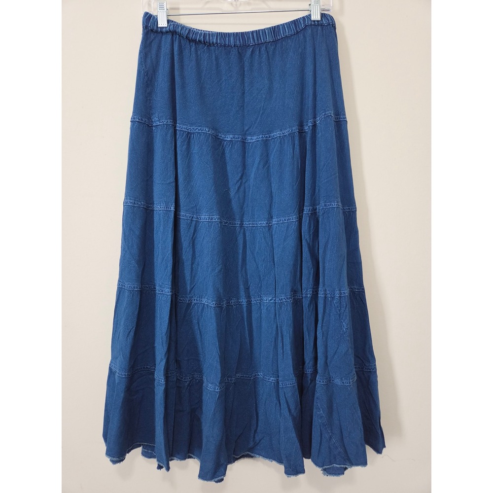 Studio West Blue Tiered Maxi Skirt Womens Medium Elastic‎ Waist Rayon Boho Flowy